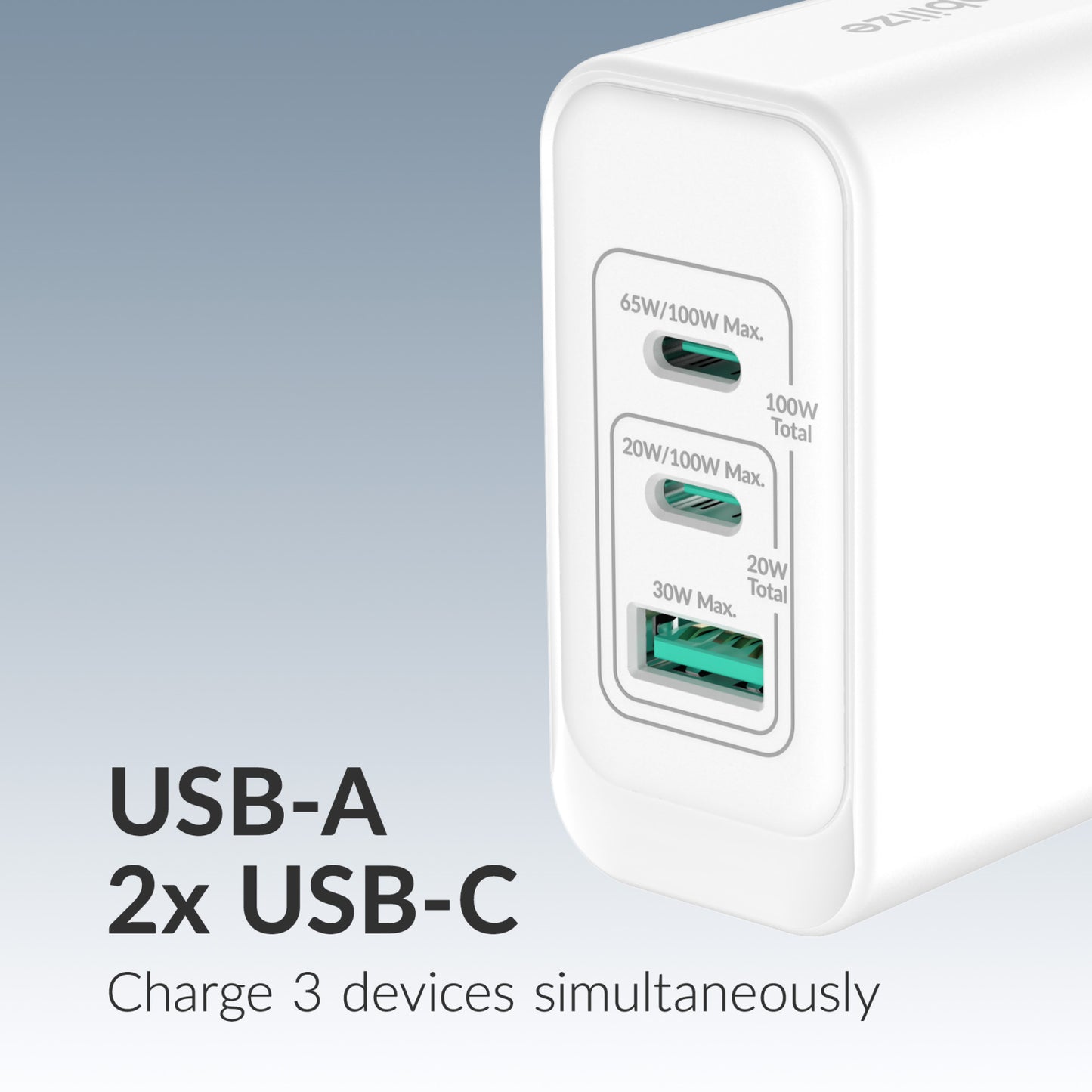 Mobilize Wall Charger 2x USB-C + 1x USB GaN 100W with PD/PPS White