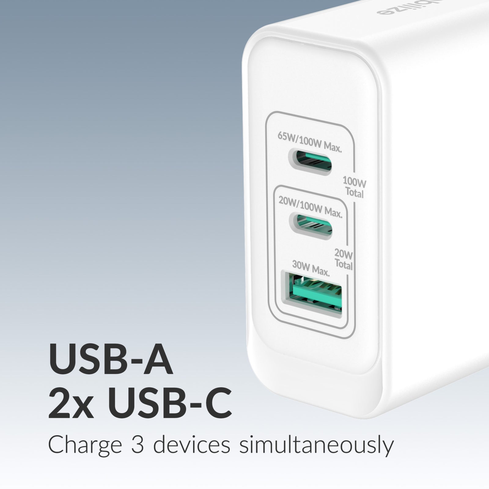 Mobilize Wall Charger 2x USB-C + 1x USB GaN 100W with PD/PPS White