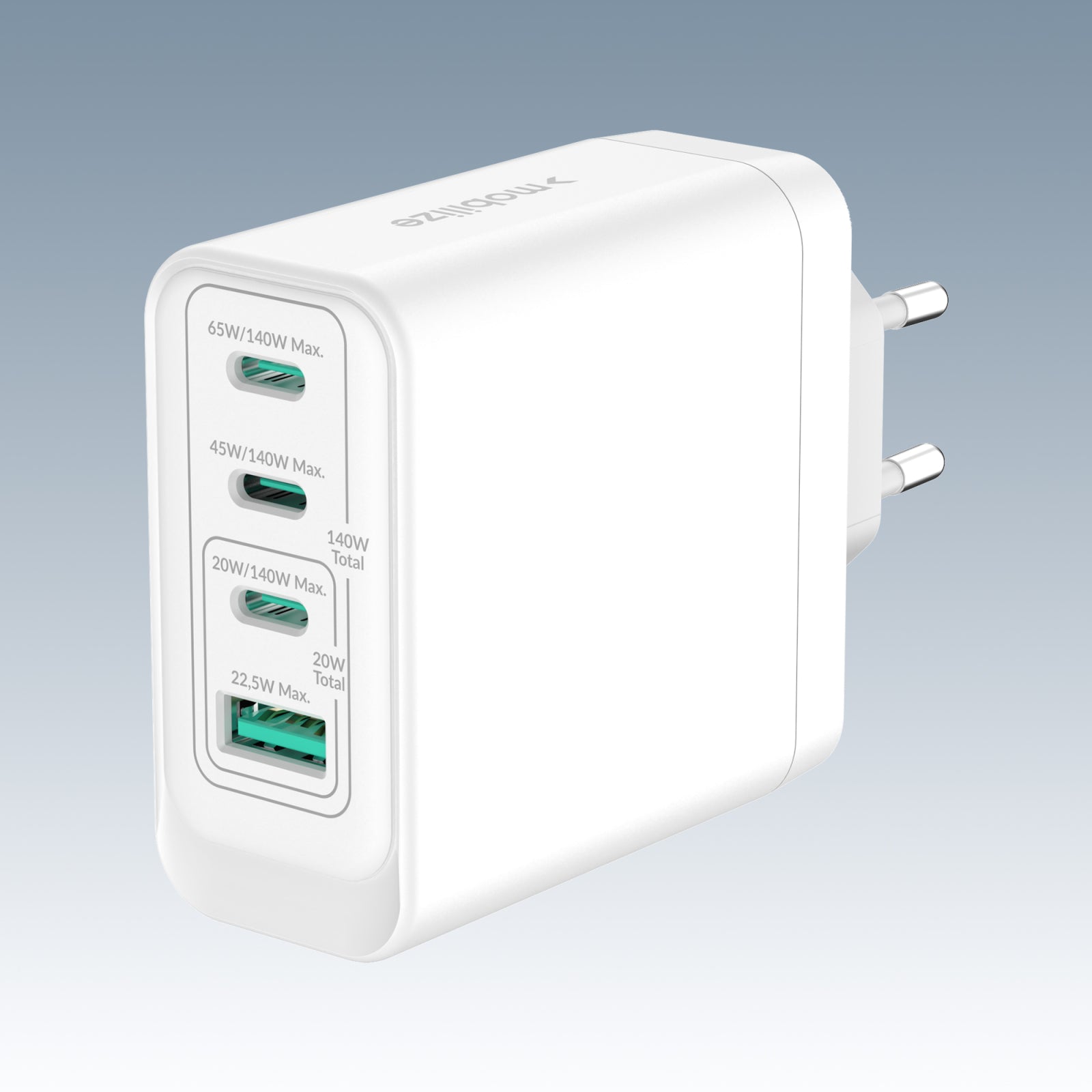 Mobilize Wall Charger 3x USB-C + 1x USB GaN 140W with PD/PPS White