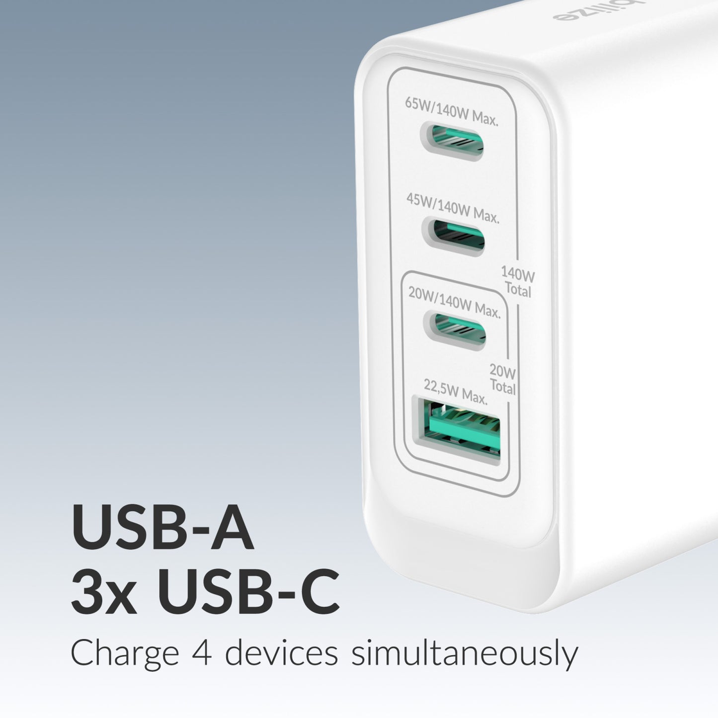 Mobilize Wall Charger 3x USB-C + 1x USB GaN 140W with PD/PPS White