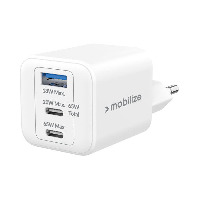 Mobilize Wall Charger 2x USB-C + 1x USB GaN 65W with PD/PPS White