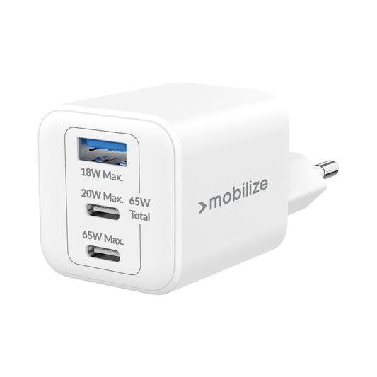 Mobilize Wall Charger 2x USB-C + 1x USB GaN 65W with PD/PPS White