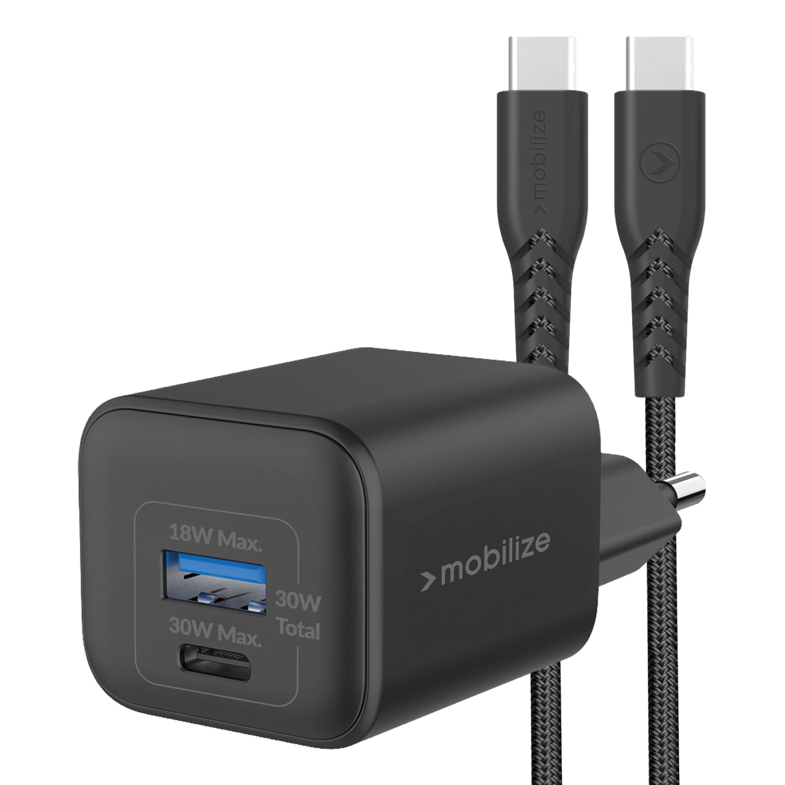 Mobilize Wall Charger USB-C + USB GaN 30W with PD/PPS + USB-C Nylon Cable 1.2m Black