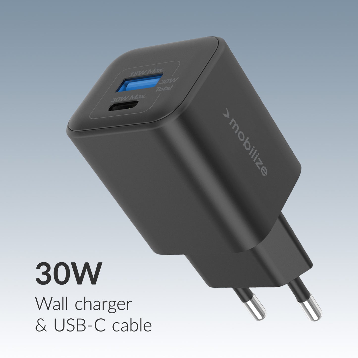 Mobilize Wall Charger USB-C + USB GaN 30W with PD/PPS + USB-C Nylon Cable 1.2m Black