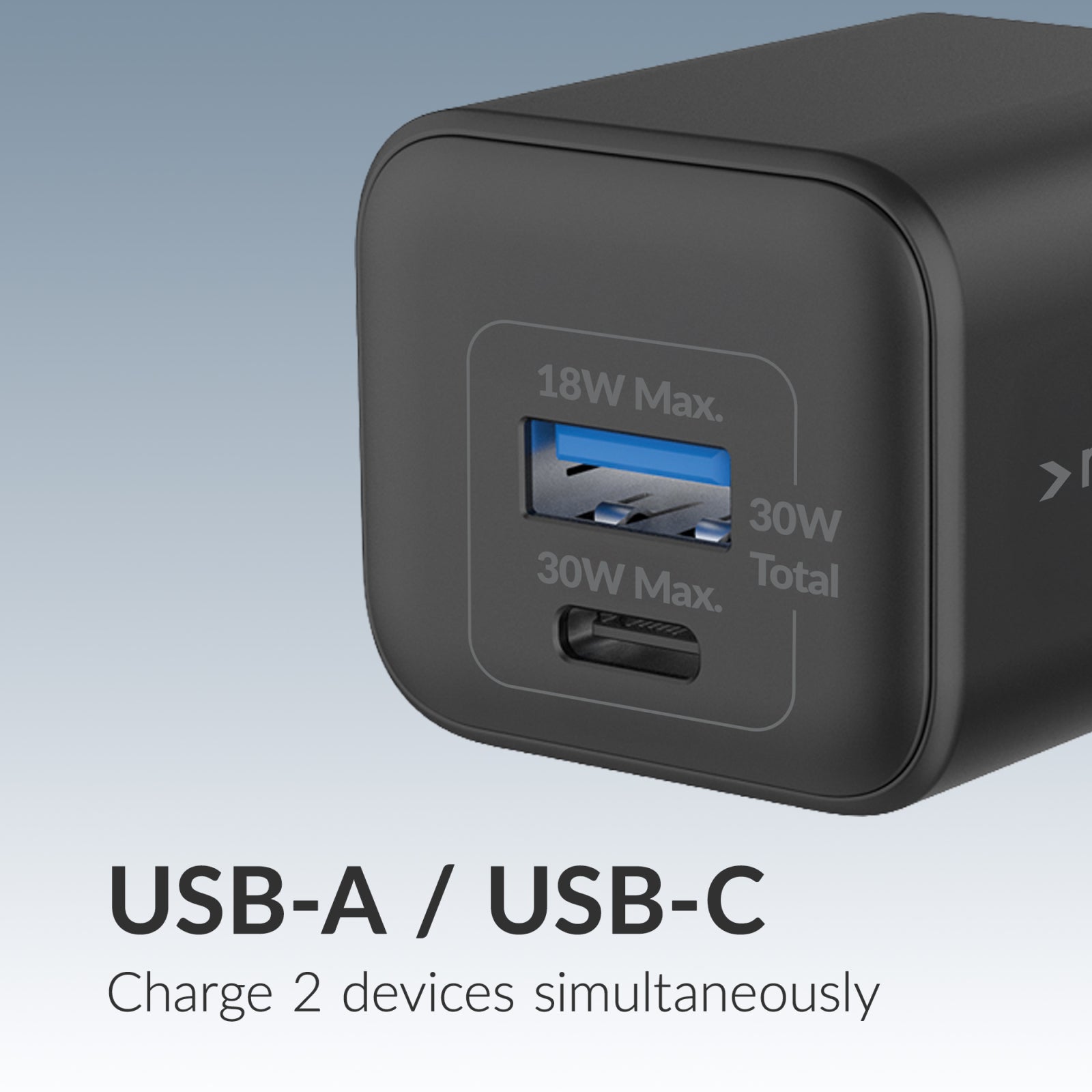 Mobilize Wall Charger USB-C + USB GaN 30W with PD/PPS + USB-C Nylon Cable 1.2m Black