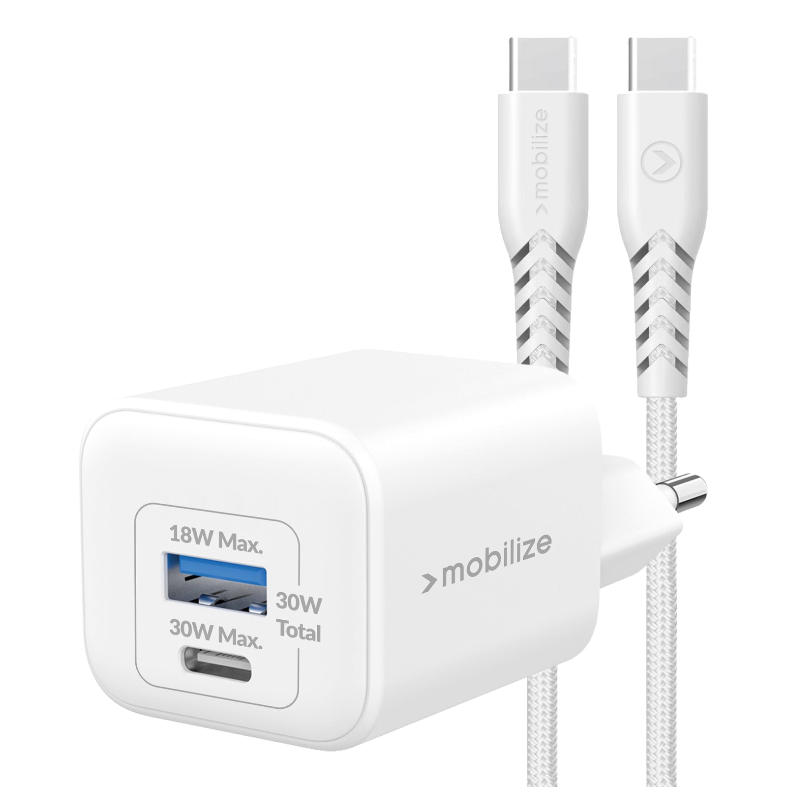 Mobilize Wall Charger USB-C + USB GaN 30W with PD/PPS + USB-C Nylon Cable 1.2m White