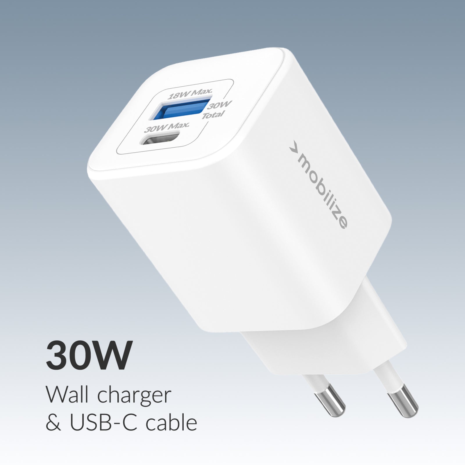 Mobilize Wall Charger USB-C + USB GaN 30W with PD/PPS + USB-C Nylon Cable 1.2m White