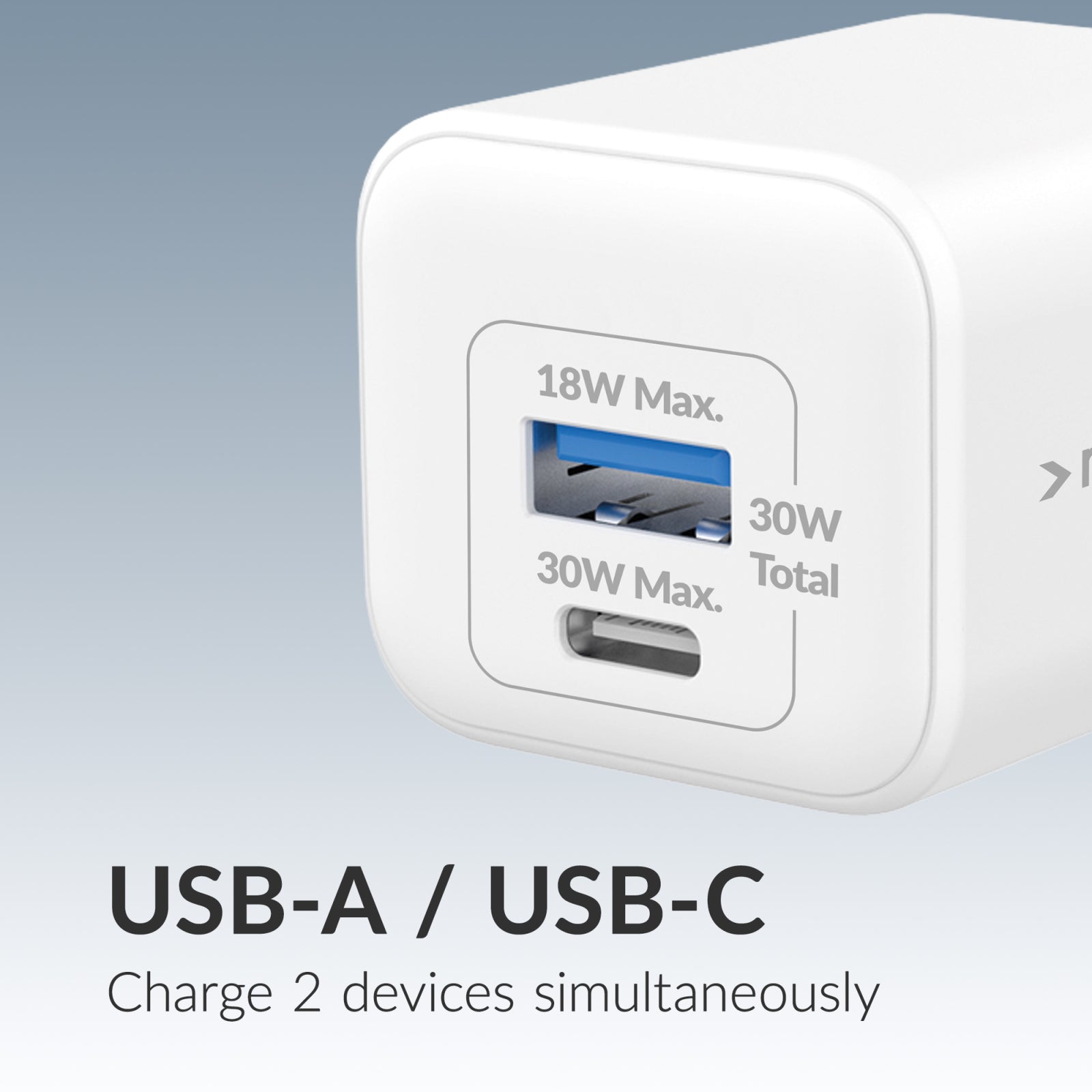 Mobilize Wall Charger USB-C + USB GaN 30W with PD/PPS + USB-C Nylon Cable 1.2m White