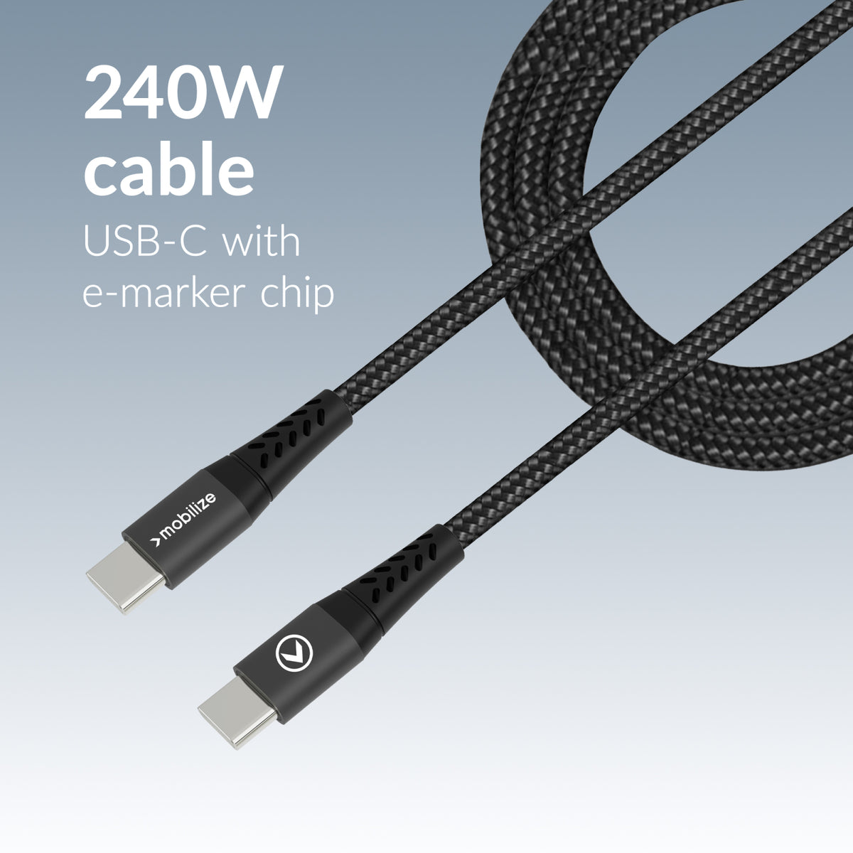 Mobilize Strong Nylon Cable USB-C to USB-C 2m. 240W Black