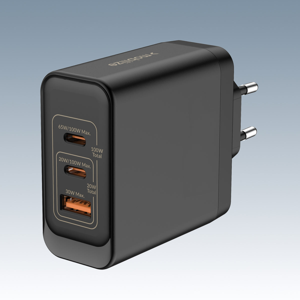 Mobilize Wall Charger 2x USB-C + 1x USB GaN 100W with PD/PPS Black