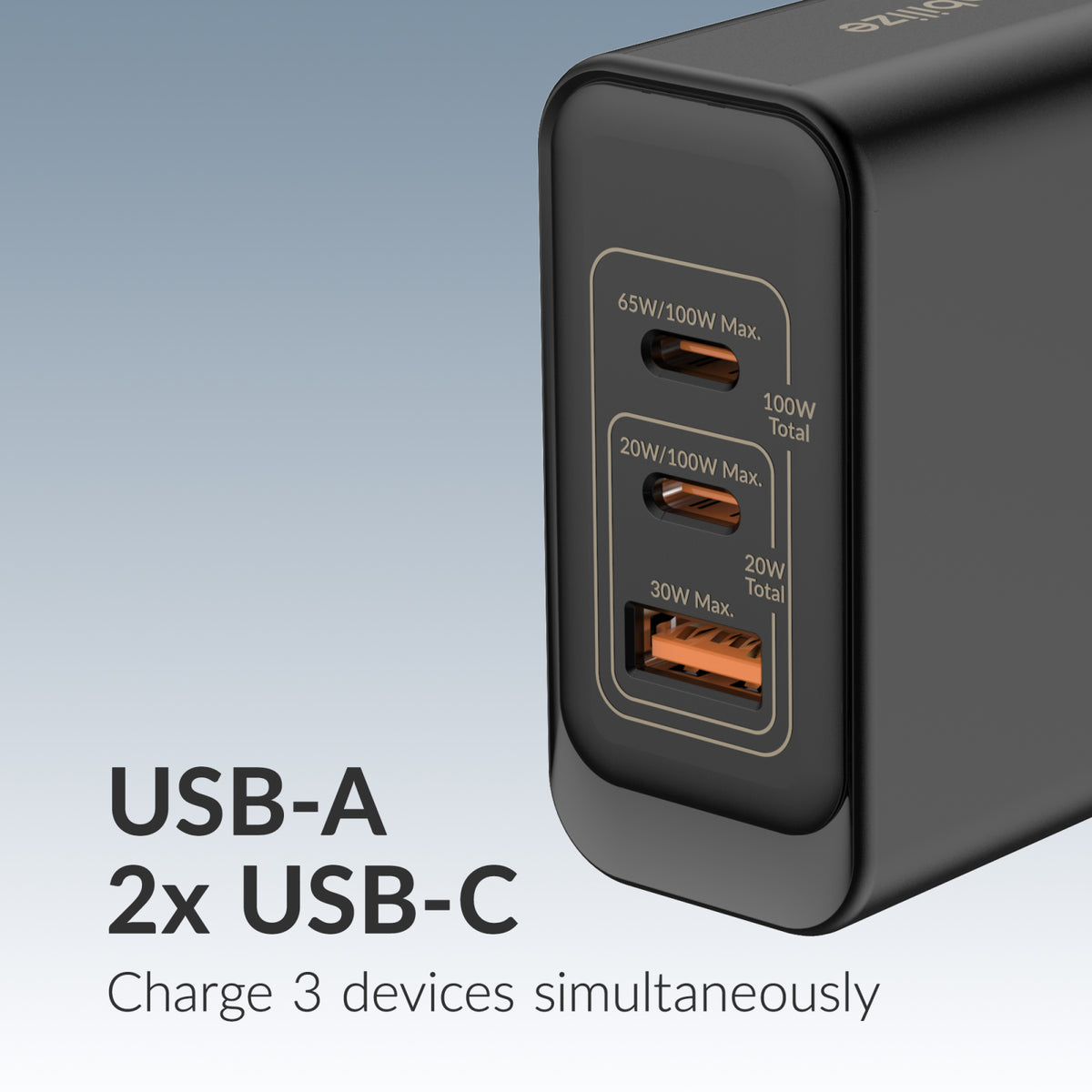 Mobilize Wall Charger 2x USB-C + 1x USB GaN 100W with PD/PPS Black