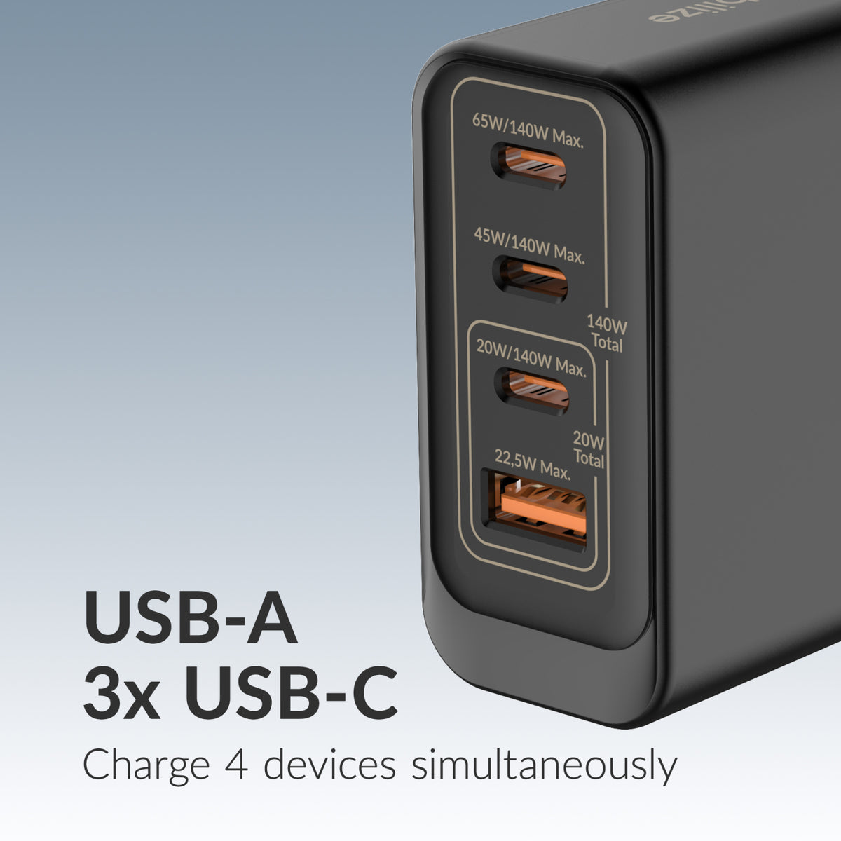 Mobilize Wall Charger 3x USB-C + 1x USB GaN 140W with PD/PPS Black