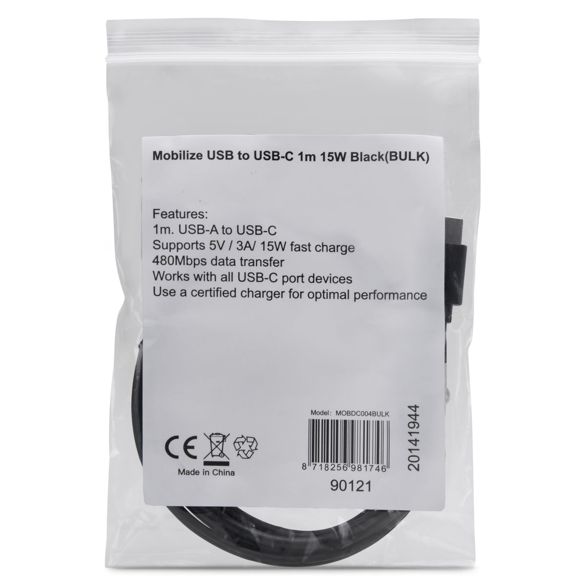 Mobilize Cable USB to USB-C 1m. 15W Black (BULK)