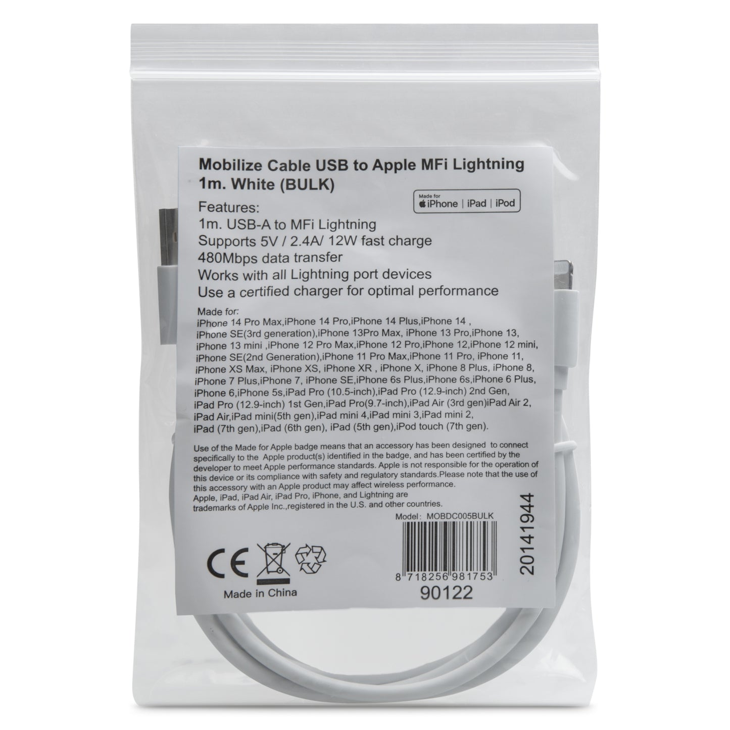 Mobilize Cable USB to Apple MFi Lightning 1m. 12W White (BULK)