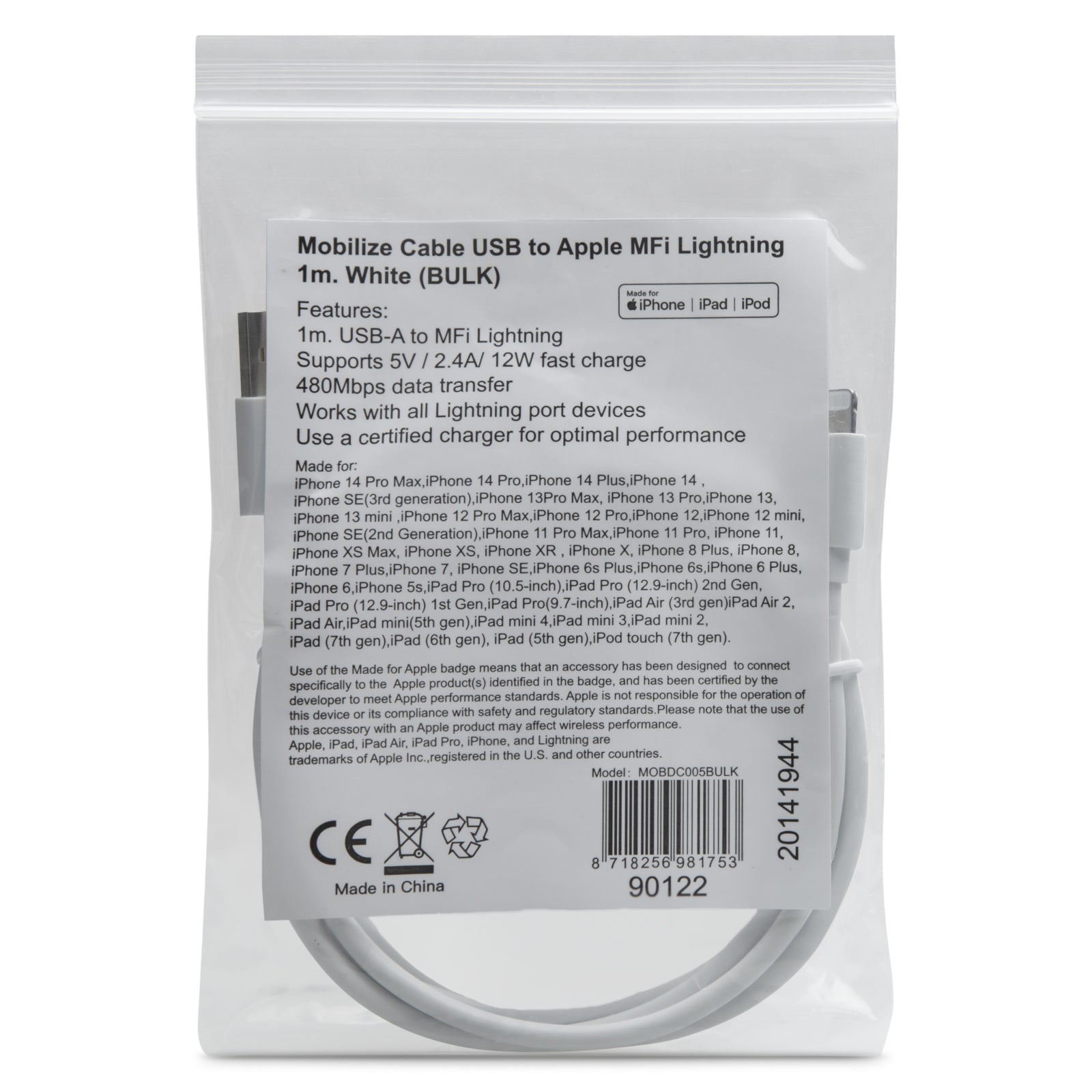 Mobilize Cable USB to Apple MFi Lightning 1m. 12W White (BULK)