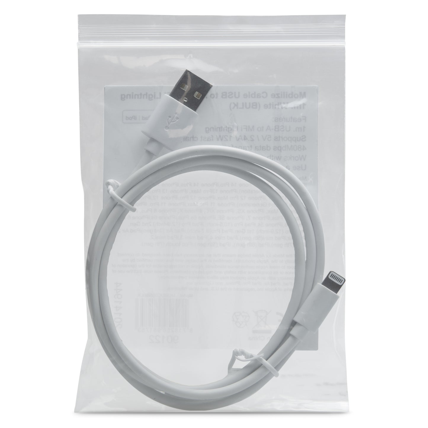 Mobilize Cable USB to Apple MFi Lightning 1m. 12W White (BULK)