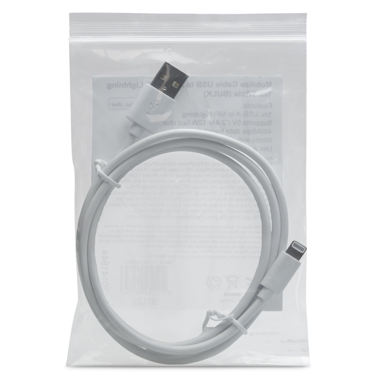 Mobilize Cable USB to Apple MFi Lightning 1m. 12W White (BULK)
