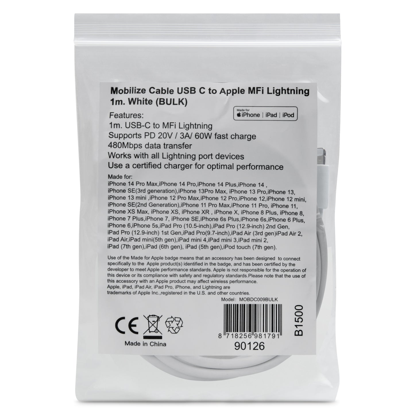 OEM Cable USB-C to Apple Lightning (Non MFi) 1m. White (BULK)