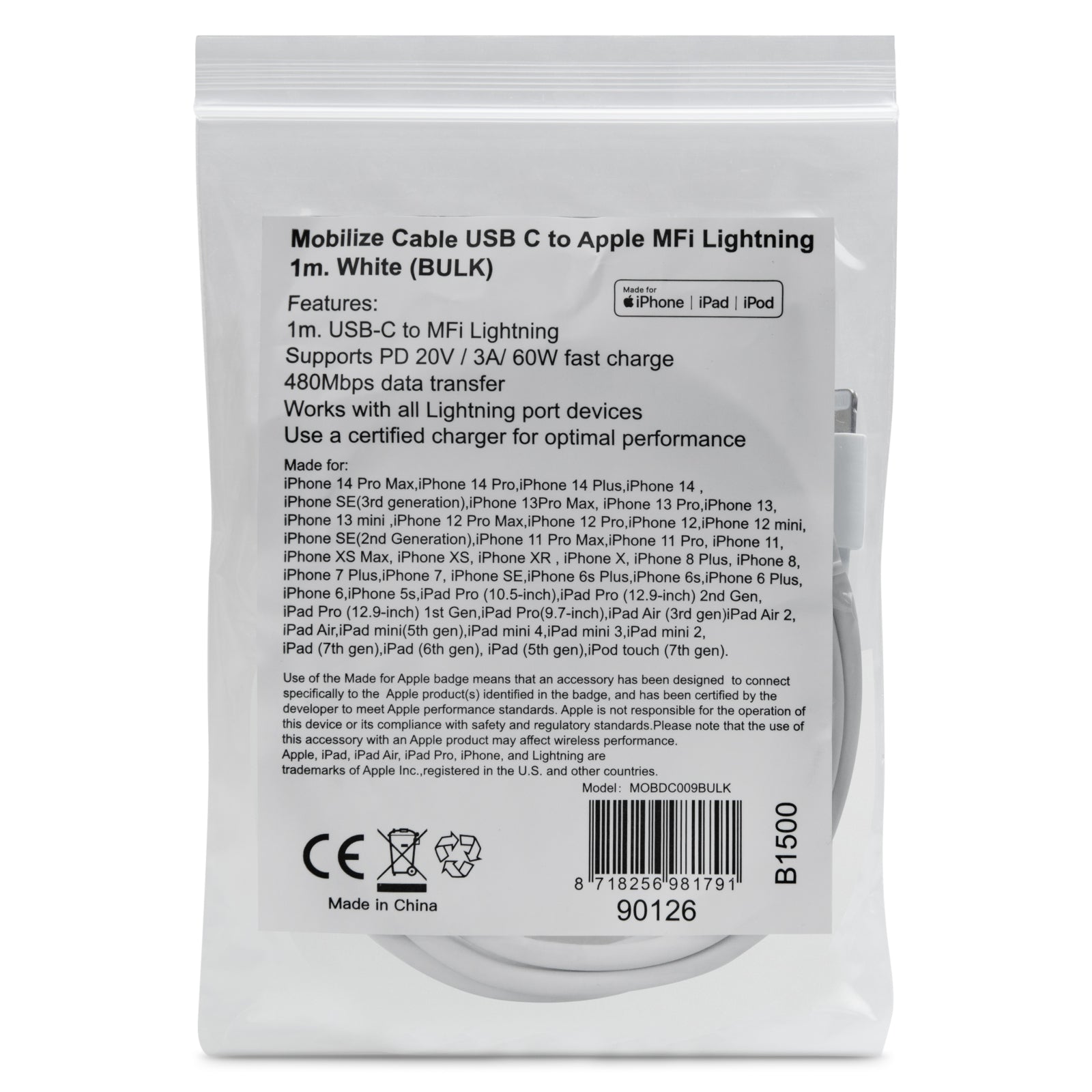 OEM Cable USB-C to Apple Lightning (Non MFi) 1m. White (BULK)