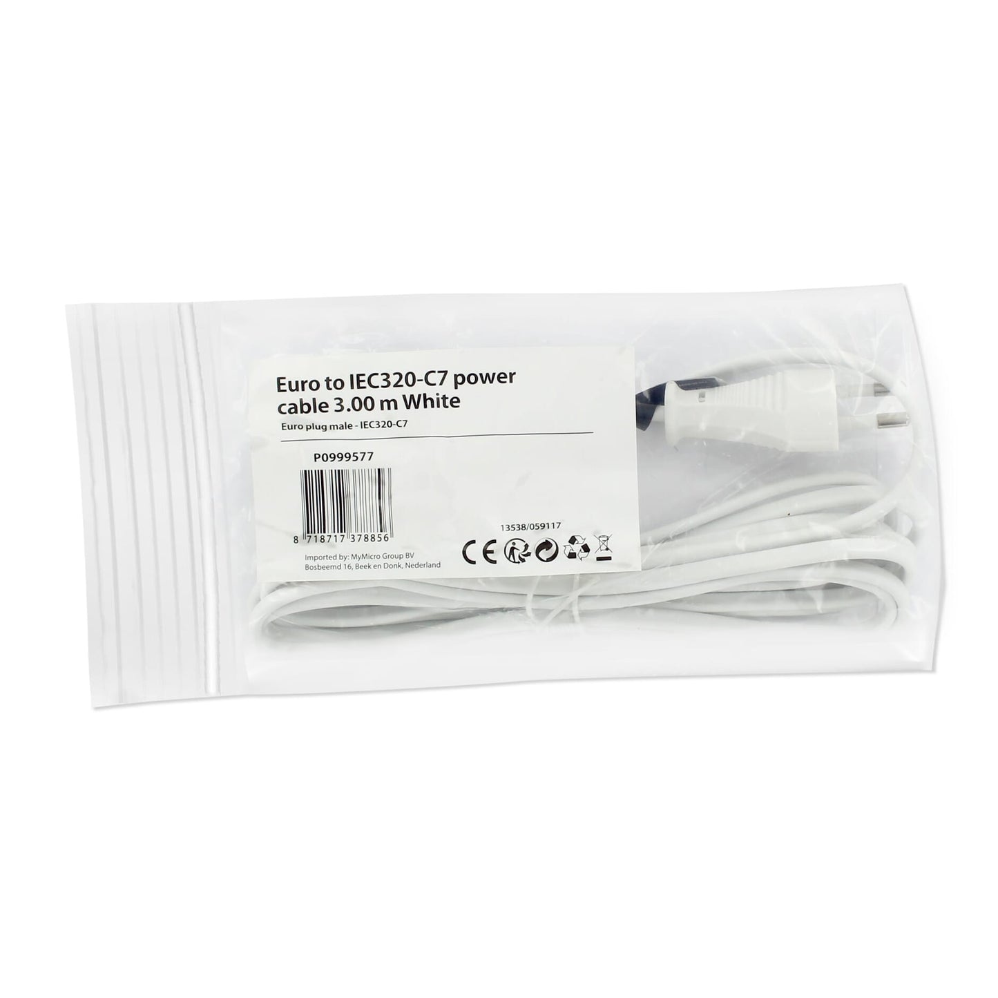 Euro naar IEC320-C7 Stroomkabel 3 Meter - Wit