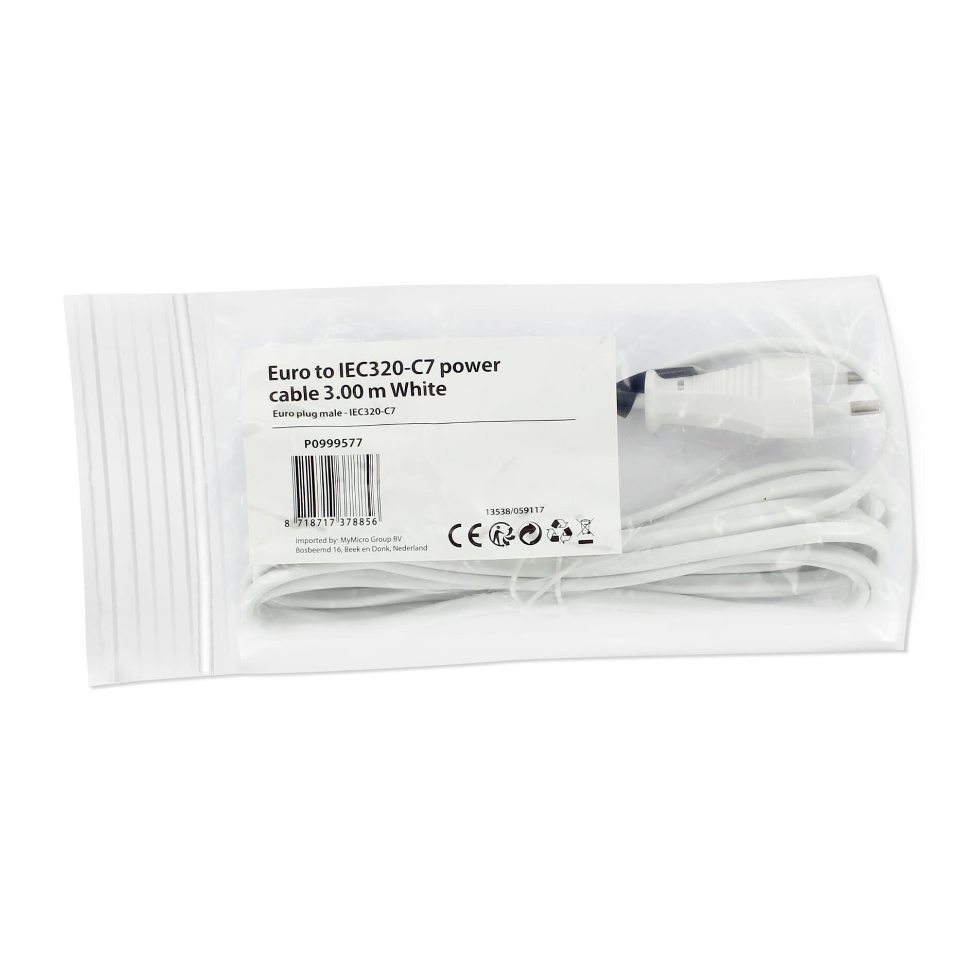 Euro naar IEC320-C7 Stroomkabel 3 Meter - Wit