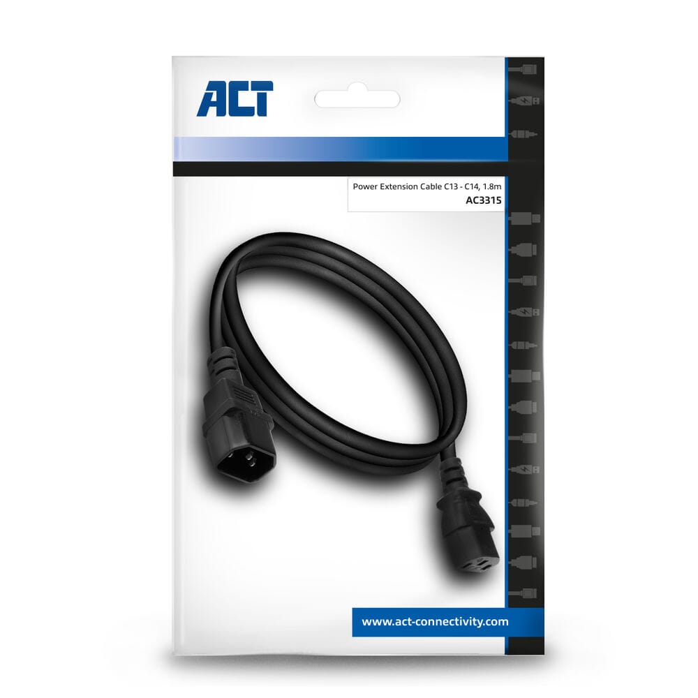 ACT Voedingskabel C13 - C14 zwart 1,8 m, Zip Bag