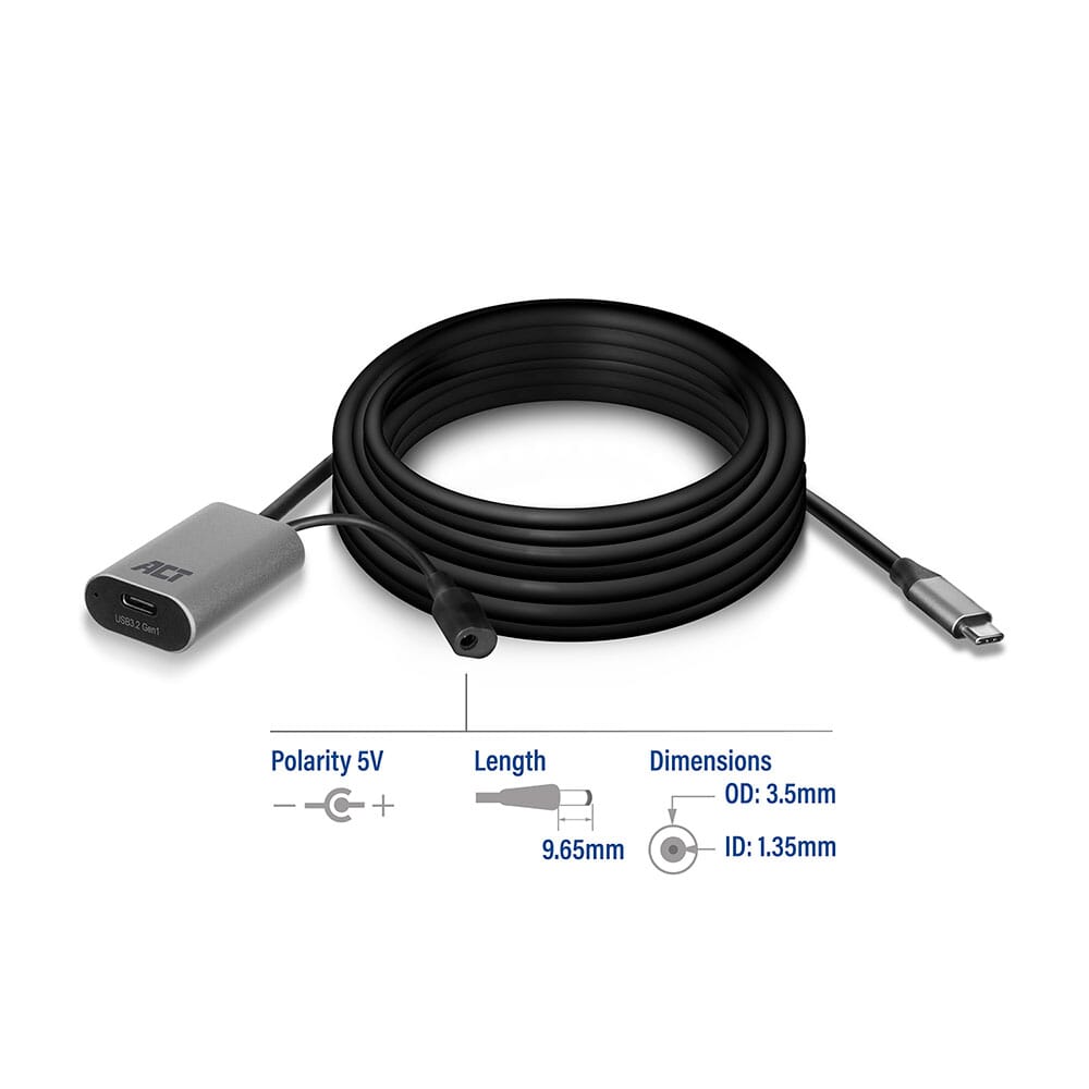 ACT USB-C verlengkabel met signaalversterker, 5 meter