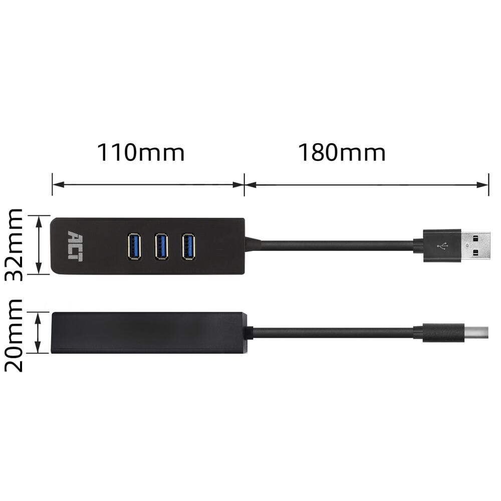 ACT USB Hub 3.2 3x USB-A ethernet, zwart