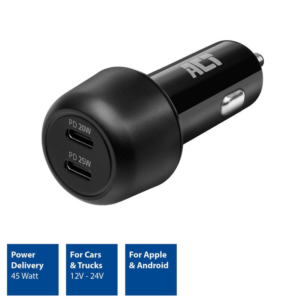 ACT 2-poorts USB-C Fast Charge Autolader 45W