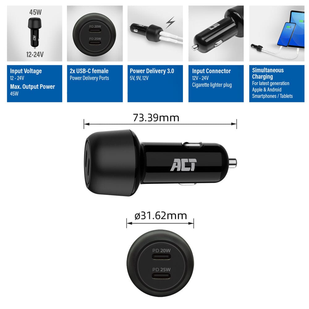 ACT 2-poorts USB-C Fast Charge Autolader 45W