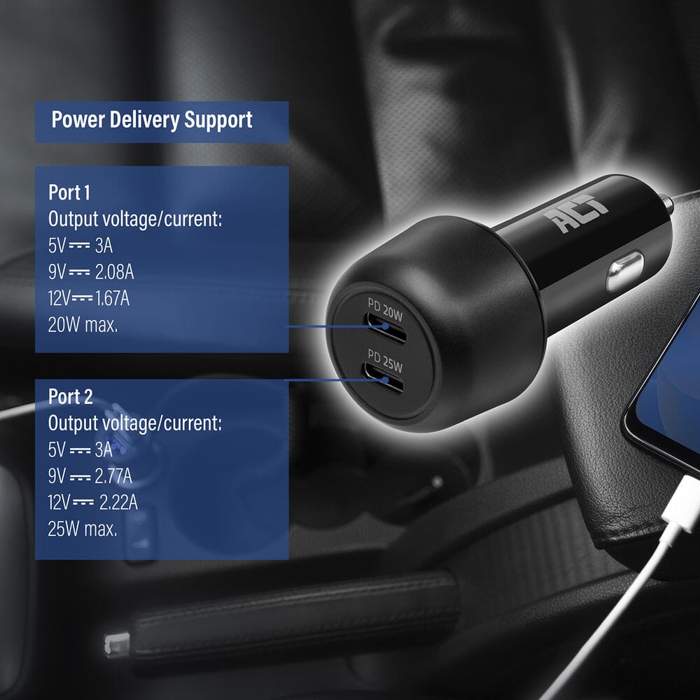 ACT 2-poorts USB-C Fast Charge Autolader 45W