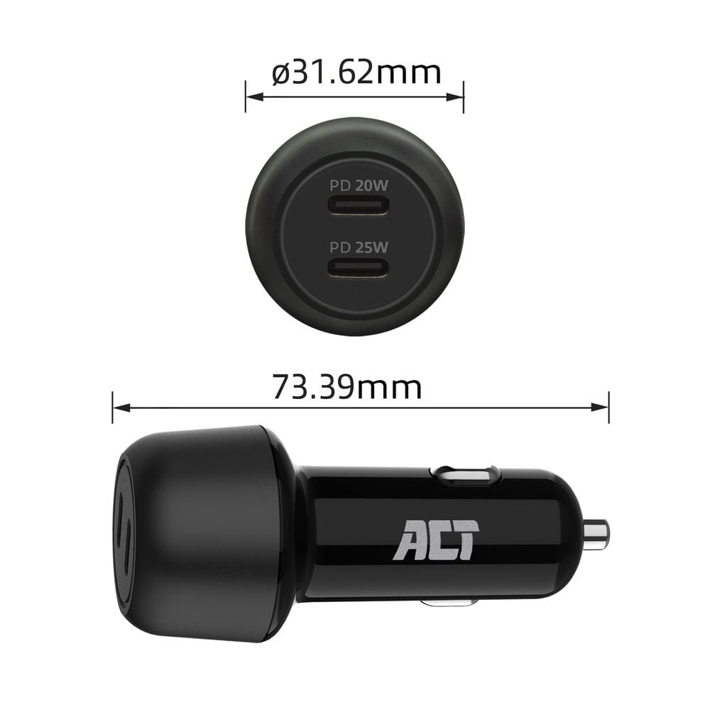 ACT 2-poorts USB-C Fast Charge Autolader 45W