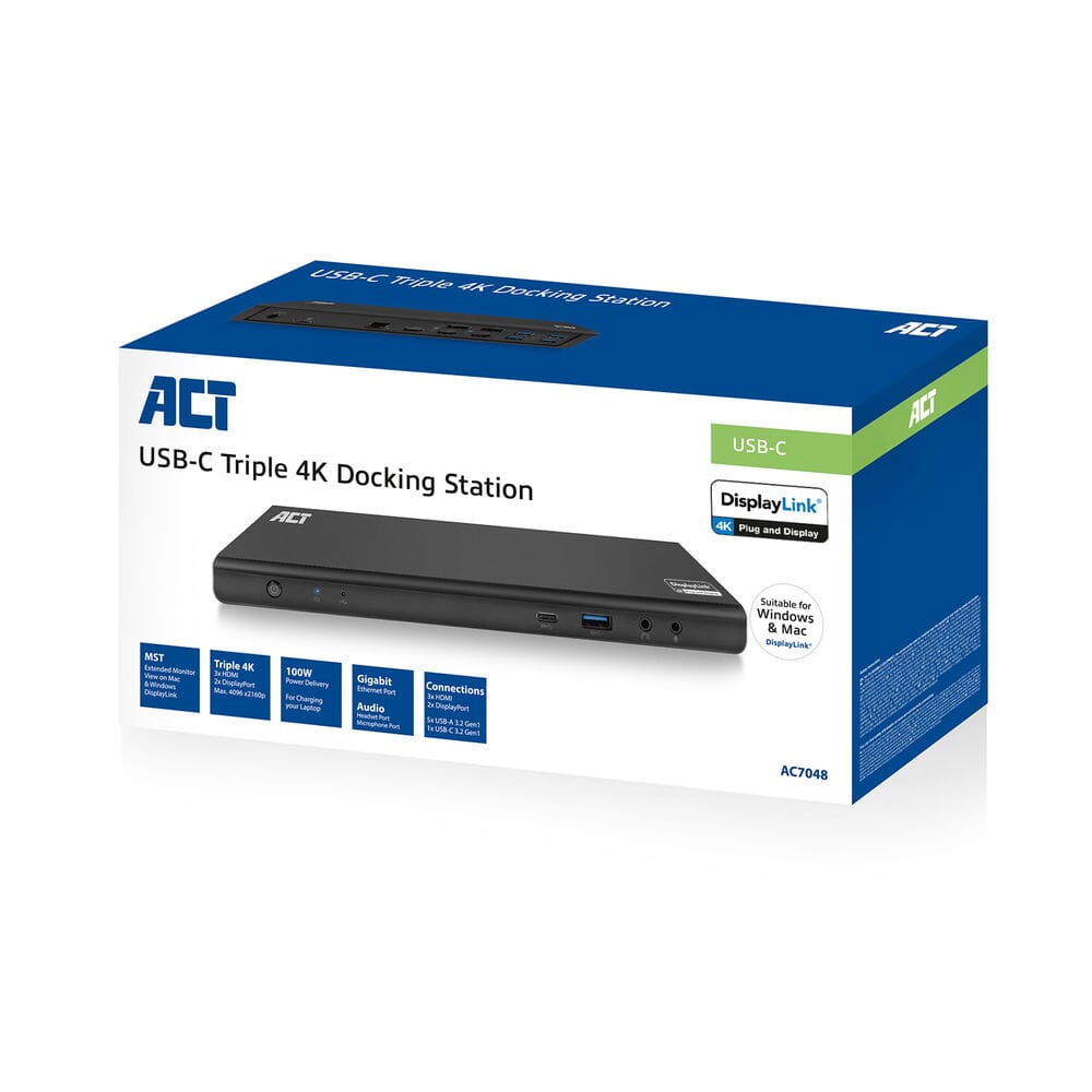 ACT USB-C Docking Station 4K, voor 2 of 3 monitoren