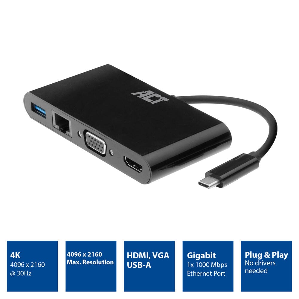 ACT USB-C docking station 4K, voor 1 HDMI of VGA monitor