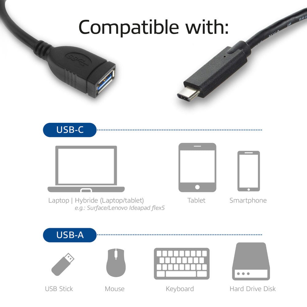 ACT USB 3.0 kabel OTG, USB-C male naar USB-A female, 0,2 m