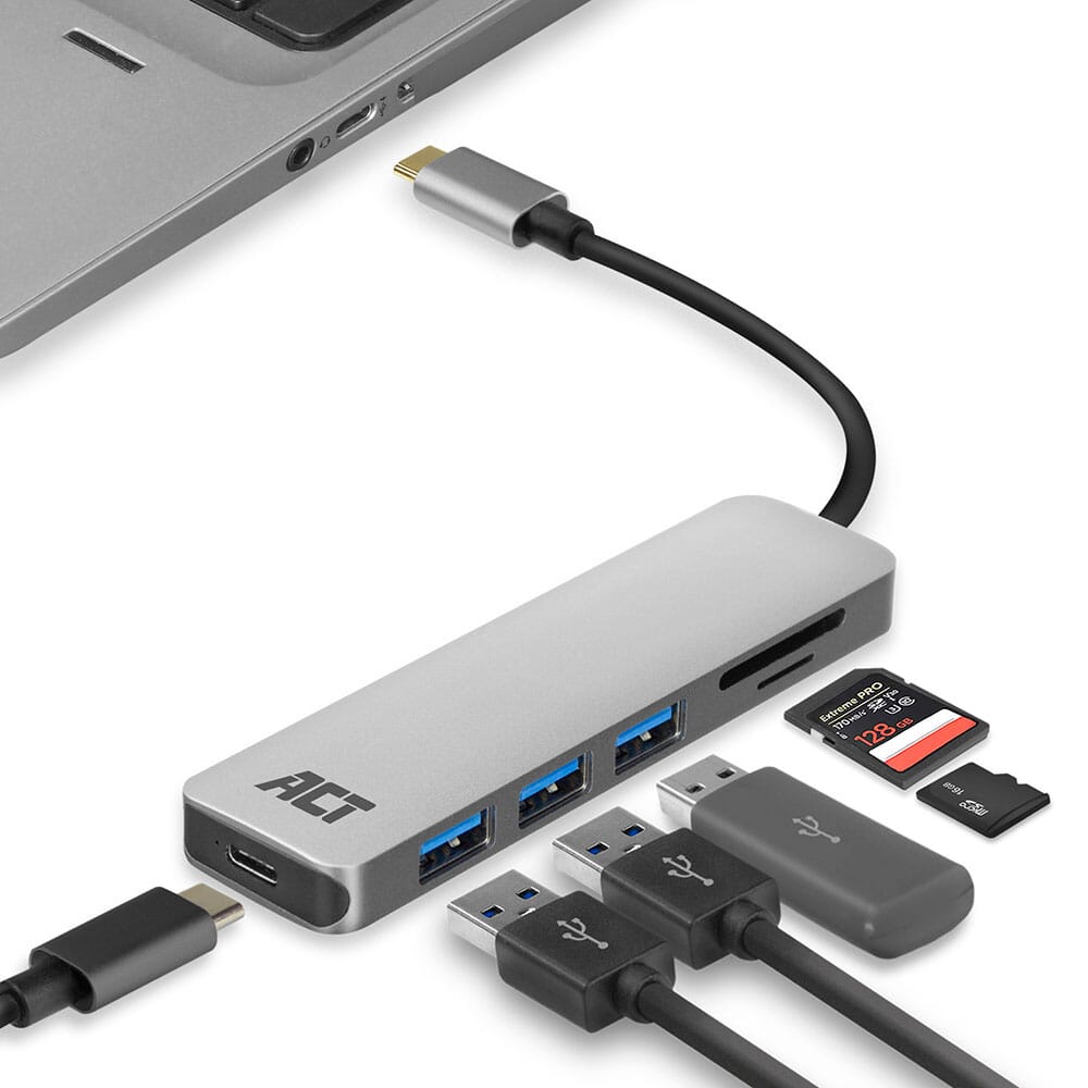 ACT USB-C hub 3.0, 3x USB-A, cardreader, PD pass-through