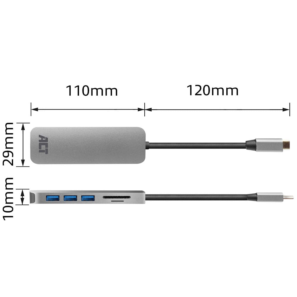 ACT USB-C hub 3.0, 3x USB-A, cardreader, PD pass-through