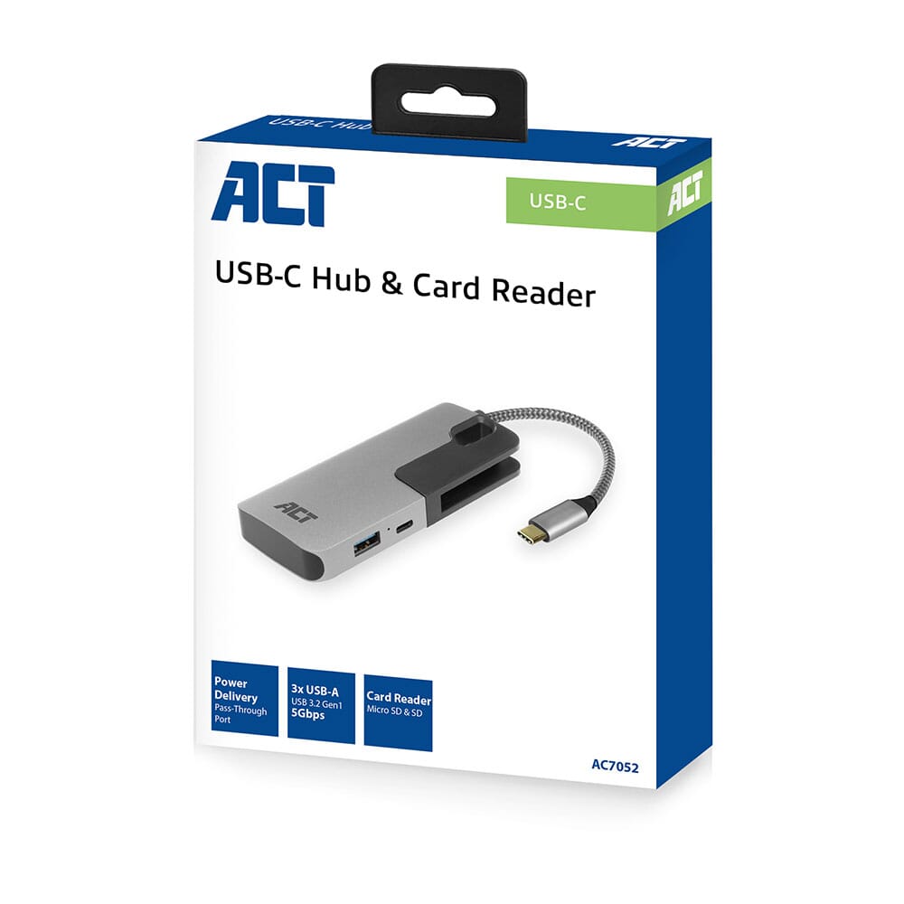 ACT USB-C hub 3.0, 3 poorts, cardreader, PD pass-through