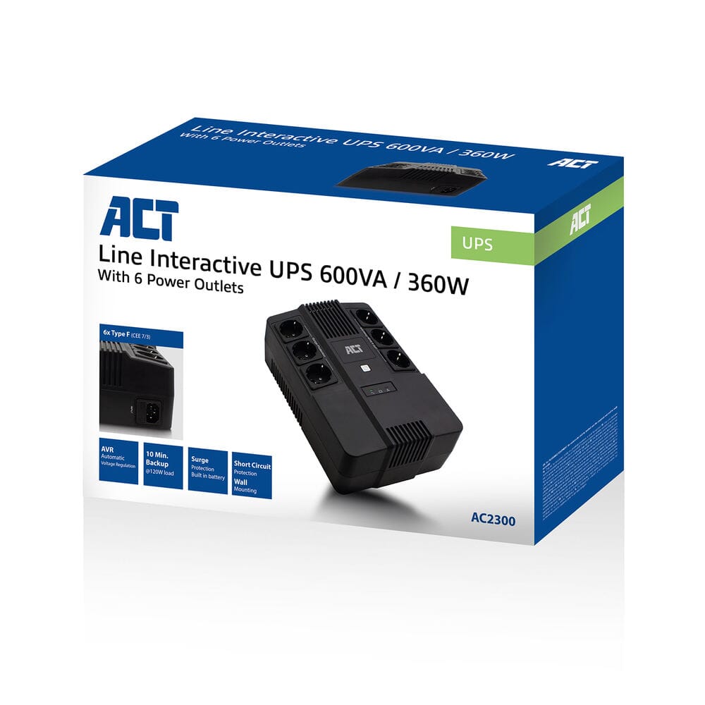 ACT UPS, 600VA, 6x Type F outlet, 1x IEC C14 input, 230V AVR