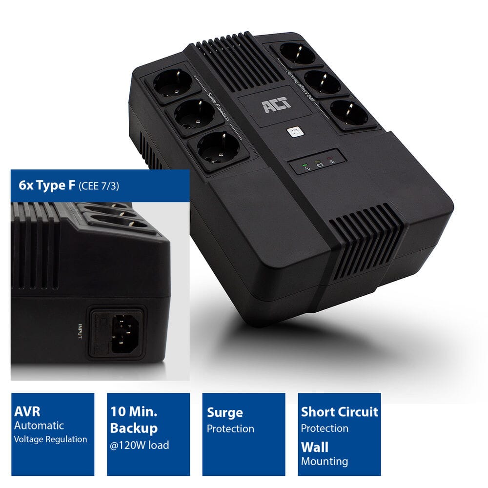 ACT UPS, 600VA, 6x Type F outlet, 1x IEC C14 input, 230V AVR
