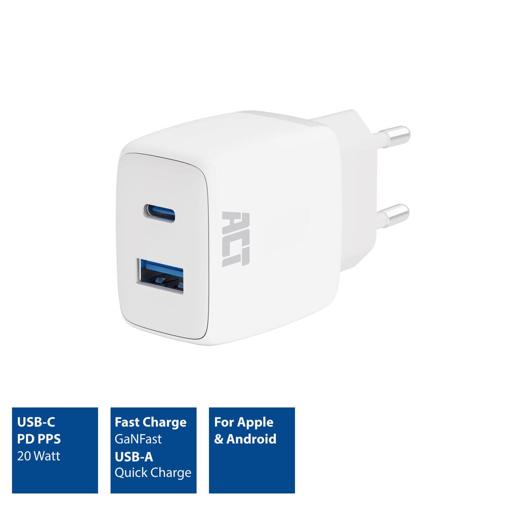 ACT USB-C & USB-A Ladegerät 20W PD PPS, Quick Charge, GaNFast