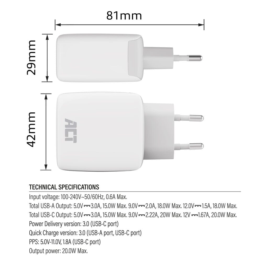 ACT USB-C & USB-A Ladegerät 20W PD PPS, Quick Charge, GaNFast