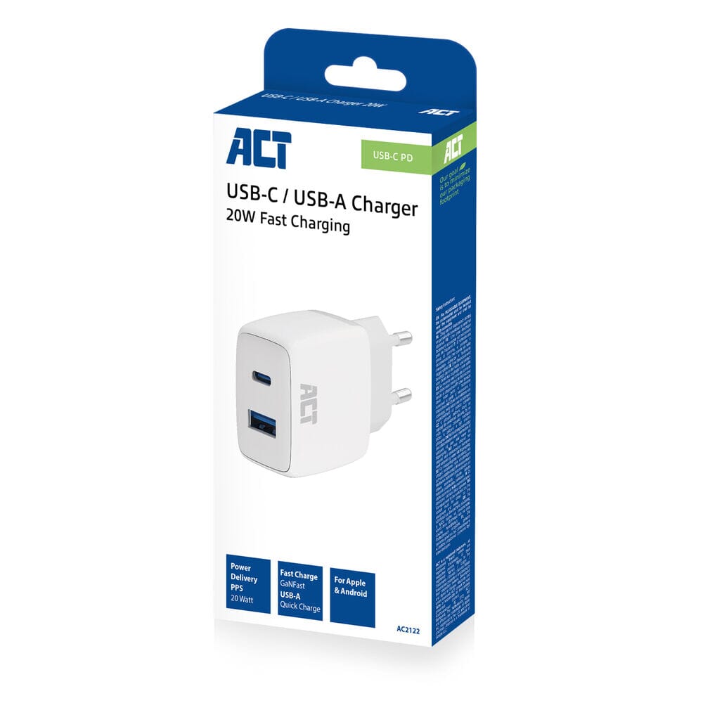 ACT USB-C & USB-A Ladegerät 20W PD PPS, Quick Charge, GaNFast