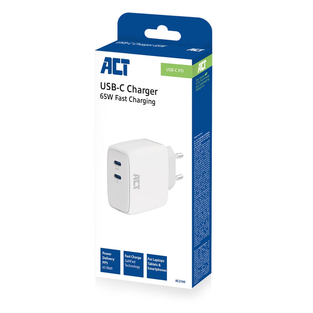 ACT USB-C Lader 65W 2-poorts PD PPS en GaNFast
