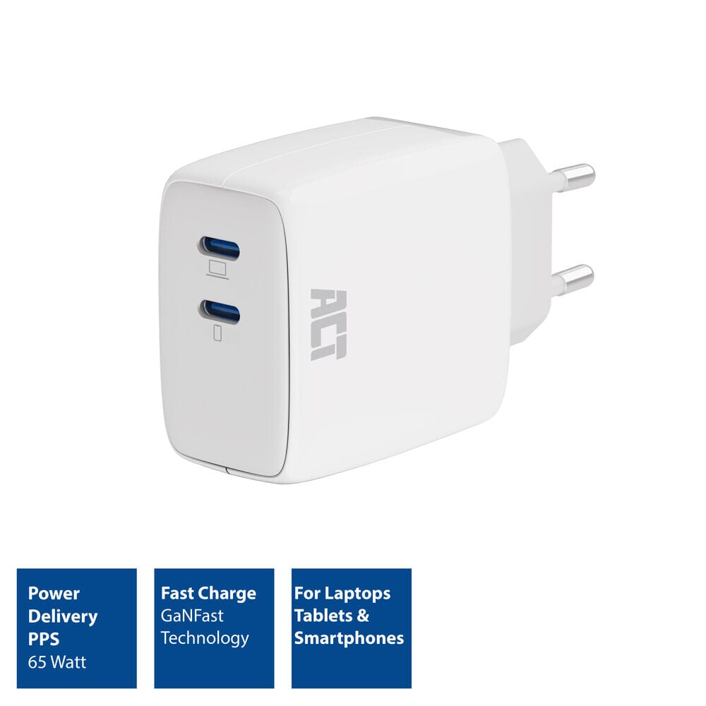 ACT USB-C Lader 65W 2-poorts PD PPS en GaNFast
