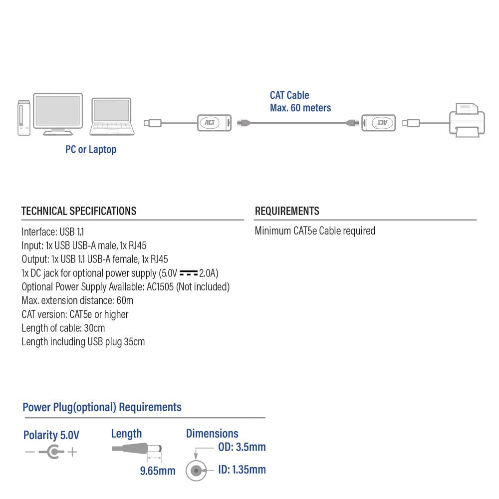 ACT USB Extender set over UTP, extender tot 60 meter