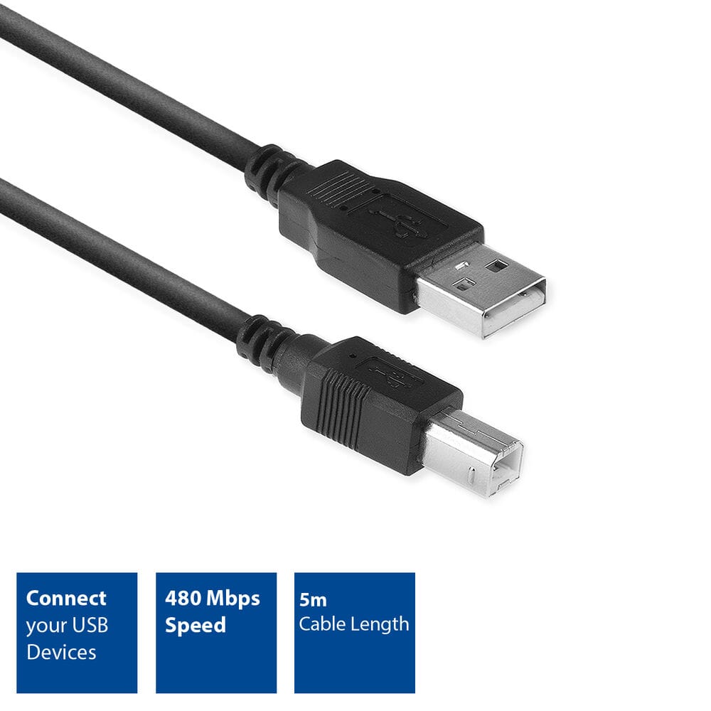 ACT USB 2.0 aansluitkabel A male - B male 5 meter, Zip Bag