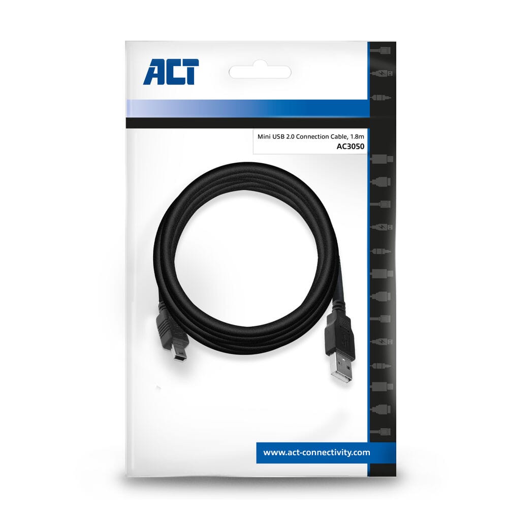 ACT USB 2.0 aansluitkabel A male - B mini male 1,8 meter