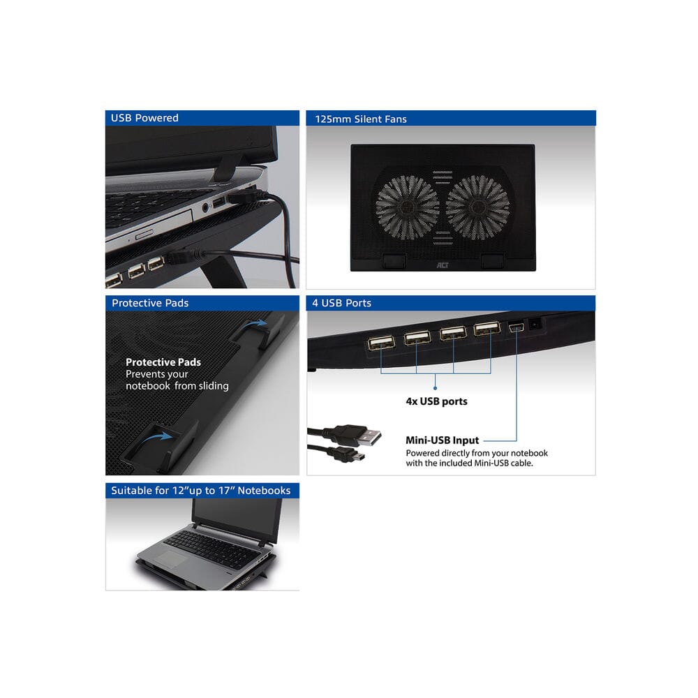 ACT Laptopstandaard verstelbaar in 2 standen, 4-poorts hub