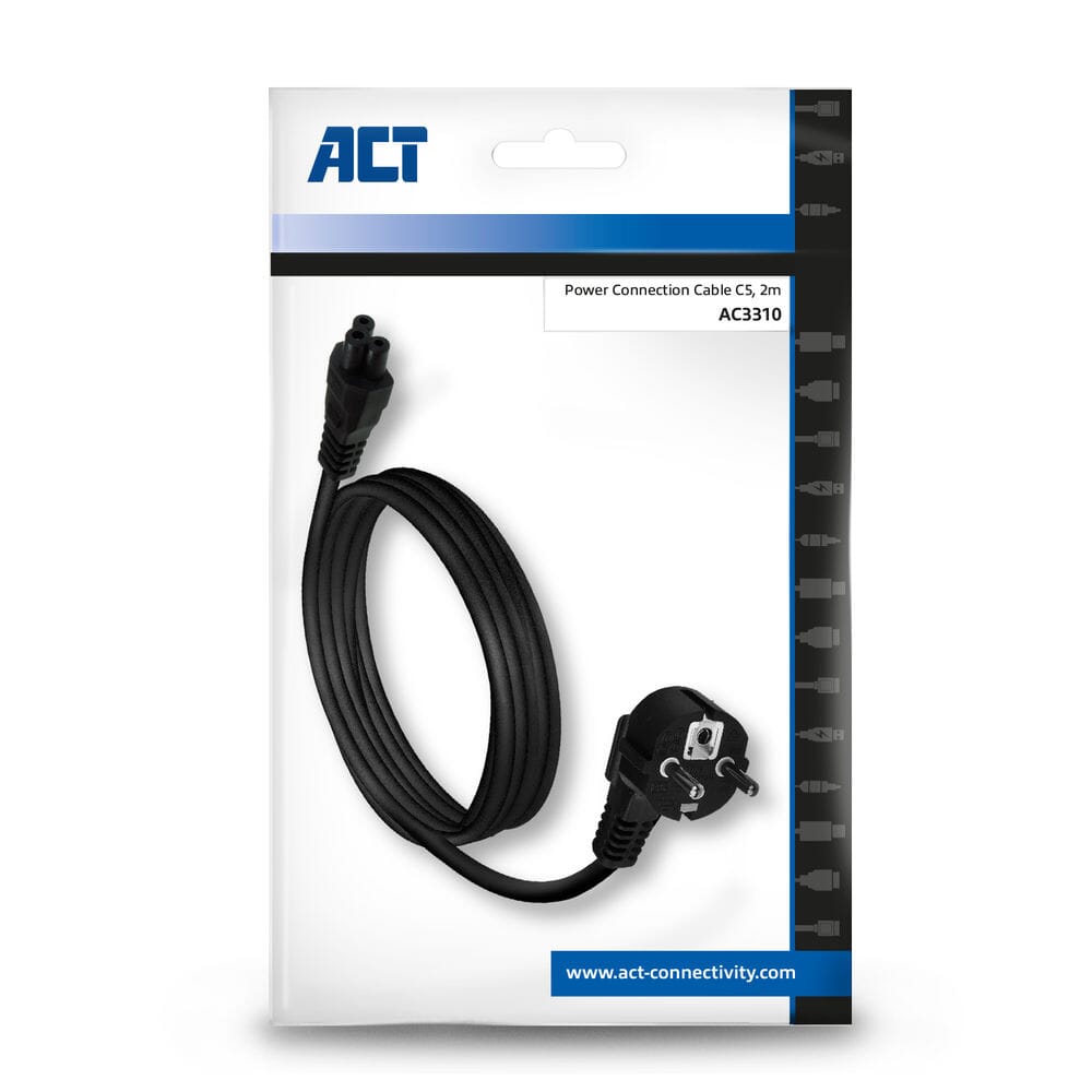 ACT Netsnoer CEE7/7 male (haaks) - C5 zwart 2 m, Zip Bag